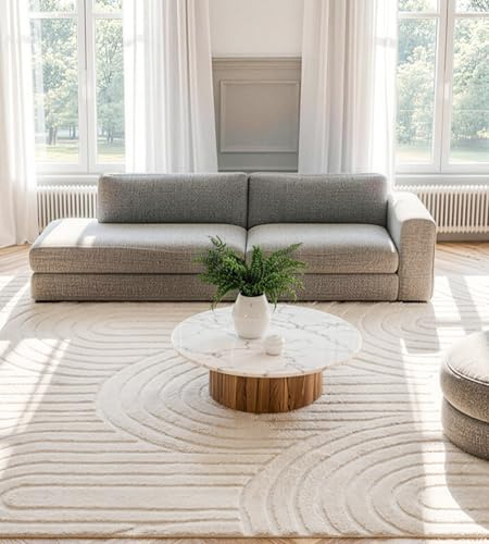 ROHATIM Wohnzimmer Teppich Beige 300x200 cm mit Relief-Struktur Kreise, Weicher Soft-Flanell, rutschfest, Waschbar & Faltbar, Großer Deko-Teppich für Lounge & Esszimmer
