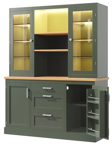 kowdom Küchenschrank Grün mit LED App, 3 Schubladen, Arbeitsplatte, verstellbare Böden, Sideboard für Küche, Vitrinenschrank, 140x185 cm