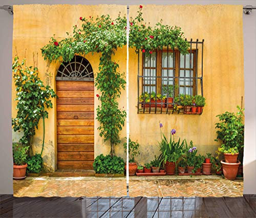 ABAKUHAUS Italien Rustikaler Gardine, Leben in der Stadt in der Toskana, Schlafzimmer Kräuselband Vorhang mit Schlaufen und Haken, 280 x 260 cm, braun Grün