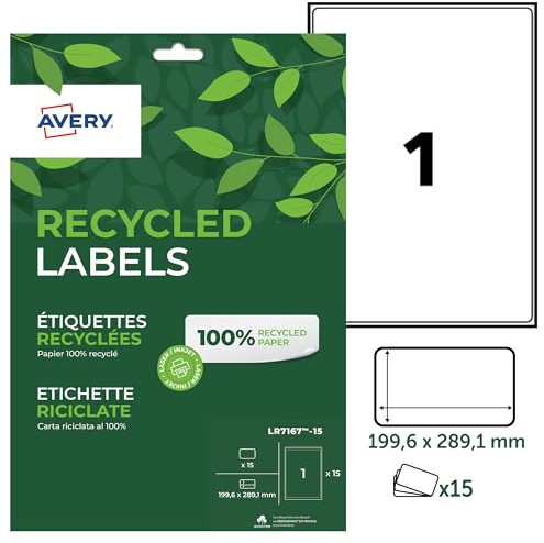 AVERY - Pochette de 15 étiquettes 100% recyclées autocollantes. Personnalisables et imprimables. Format 199,6 x 289,1mm. Impression laser et jet d'encre. (LR7167-15)