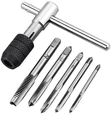 Bestgle Giramaschi Regolabile a Cricchetto con Impugnatura a T, Set di 5 Filettatura Metrica per Filettare M3/4/5/6/8 HSS Maschi