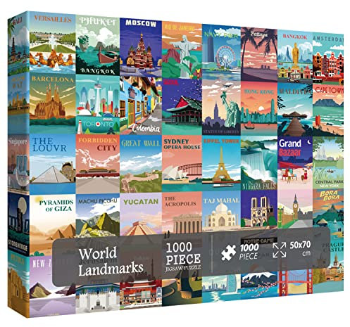 World Landmarks Travel Puzzle 1000 Pieces for Adult, Landscape Scene Puzzle of World Most Visited Tourist Attractions, Poster Jigsaw Puzzles City Scenic Scenery