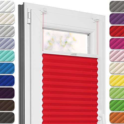 Estika Plissee ohne Bohren, Premium Klemmfix - 75cm Breite x 100cm Höhe - Rot - Metal Plisseehalter ohne Bohren, Modern Sichtschutz für Fenster, Jalousien Fenster für innen