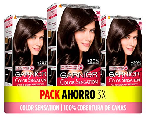 Pack de 3 Cajas de Coloración Color Sensation de Garnier: Color Vivo y Duradero, Cobertura Completa de Canas, Fácil Aplicación con Bol y Pincel, Cabello Suave y Sedoso, 3.0 Castaño Oscuro