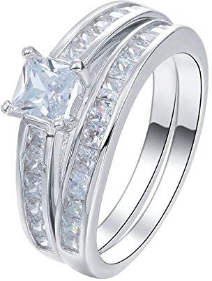 Aotiwe Eheringe für Frauen, Silberne Ringe Set Damen Quadratischer Zirkon Einsatz mit Vier Zinken Größe 54 (17.2)