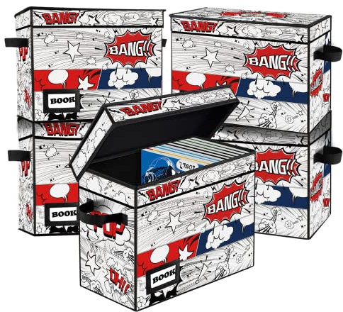 YNSZAS 5 Pack Comic Book Storage Box, 15.8 X 7.8 X 11.8, Collapsible Holds 160-180 Comic Book Short Box Bin Container Holder Shelf(Cartoon Clock)