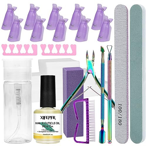 XIFEPFR Kit dissolvant pour vernis en gel, 521 kit d'enlèvement de vernis à ongles gel, flacon pompe 100ml, vernis à ongles, tondeuse à ongles, lime à ongles, brosse à ongles