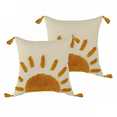 Labilin Boho Kissenbezug 45 x 45 cm, Gewebte Getuftete Sonnen-Dekokissenbezüge mit Quasten, Marokkanischer Moderner Kissenbezug 2 Stück Set für Sofa, Schlafzimmer, Wohnzimmer, Heimdeko