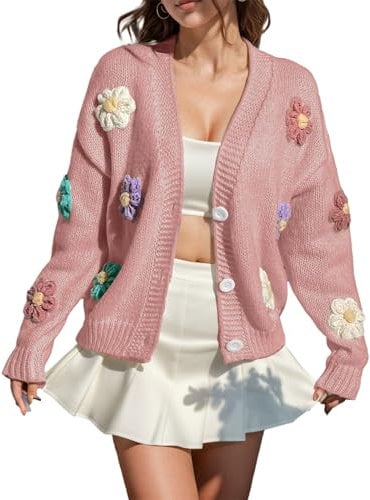 Cocila Women's Pink Floral Crochet Knit Button Down Cardigan, Size 4X, UK Plus, Spring-Summer, Women's Casual