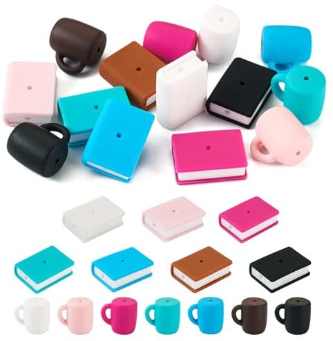 Cheriswelry 14pcs Cup Book Silicone Focal Beads for Keychain Making Lanyard Loose Spacer Large Beads DIY Necklace Bracelet Rubber Beads 20~27mm for Craft Earring Jewelry Making