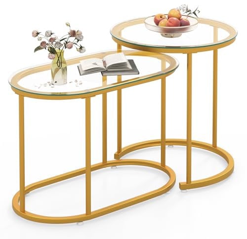 COSTWAY Couchtisch Glas, 2er Set, Satztisch mit Tischplatte aus gehärtetem Glas, Beistelltisch, Kaffeetisch, Sofatisch, Wohnzimmertisch, Gold