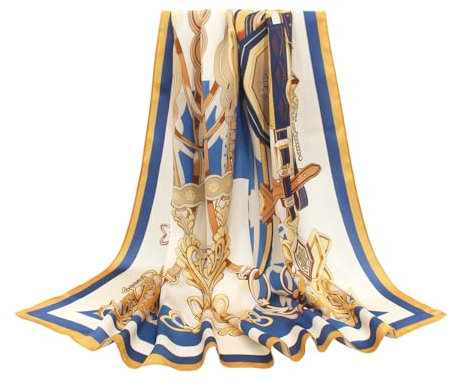 ANDANTINO Schal aus 100 % reiner Maulbeerseide, 88,9 cm, groß, quadratisch, leicht, Kopftuch – Damen-Haarwickel – mit Geschenkverpackung, Gold&Blau, Large