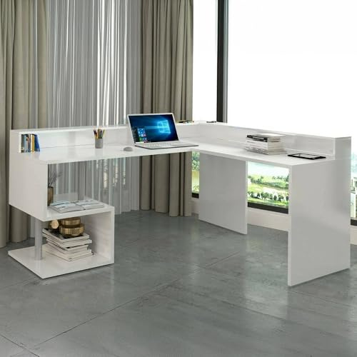 Dmora - Schreibtisch Sansone, Eckschreibtisch mit Ablagefächern, Mehrzweck-Büroschreibtisch mit Platte, 180x92,5x160 cm, Weiß