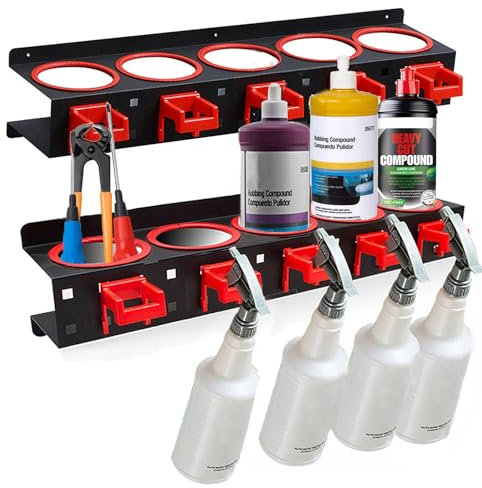Lot de 2 supports muraux en acier pour outils de garage, accessoires de nettoyage de voiture à suspendre, support pour outils de nettoyage de voiture avec 4 flacons pulvérisateurs, organisateur de