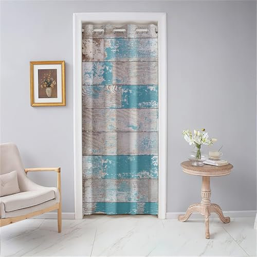 Odot Türvorhang Blickdicht mit Ösen, Verdunklungsvorhänge Vintage-Holzbrettern Druck Vorhang 1 Stück Thermovorhang Wohnzimmer Schlafzimmer Schrank Raumteiler Vorhang (80x180cm,Blau)