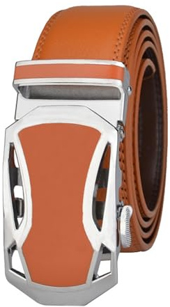 Canarea Gürtel Herren Leder mit Ratsche Automatik Retro Gürtel, Schlicht Ledergürtel Leder-Gürtel für Männer Jeans Business Anzug 35mm Breit (Orange, 125 CM)