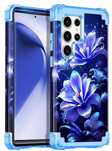 Petocase for Galaxy S22 Ultra Case,Glow in The Dark Three Layer Heavy Duty Shockproof Protection Hard Plastic Bumper+Soft Silicone Protective Case for Samsung Galaxy S22 Ultra 6.8 inch,NavyBlueFlower