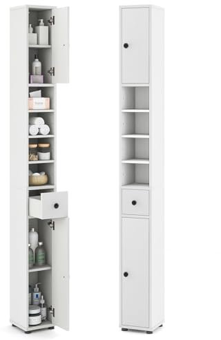 GIANTEX Badschrank Hochschrank, 20 x 20 x 180 cm, Badezimmerschrank Schmal mit Schublade, 2 Türen & 5 offenen Ablagen, Schrank fürs Badezimmer & Wohnzimmer (4 Ablagen, Weiß)