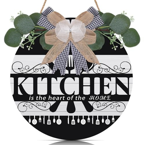 TOARTi Kitchen sign,Kitchen is the heart of the Home Wood Sign Rustic Round Wood Hanging Decor with Ribbon Bow and Artificial Green Leaves Farmhouse Style Wall Art