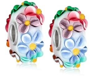 Ensemble de deux perles de charme en verre de Murano 3D multicolores blanc rose bleu vert avec fleurs pour femmes adolescentes, compatible avec bracelet européen. Noyau en argent sterling .925