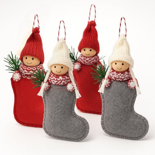 MIJOMA 4er Set Wichtel in Stiefel Baumbehang - Niedliche Wichtelkinder als Weihnachtsdeko -Geldgeschenk Verpackung Weihnachten – Deko Anhänger aus Filz & Holz - rot grau 17 cm