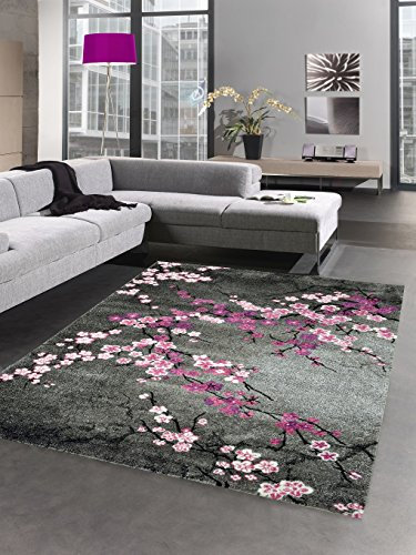 Carpetia Designer Teppich Kurzflor Blumen grau pink rosa Größe 160x230 cm