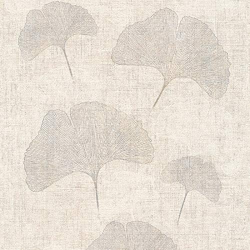 Ginkgo Tapete in Naturfarben | Asiatische Vliestapete mit Blätter Deisgn in Grau Beige | Blatt Wandtapete aus Vlies und Vinyl für Schlafzimmer
