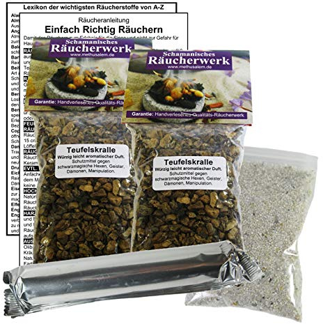 TEUFELSKRALLE Devils Claw zum RÄUCHERN. 15-TLG Räucherset - 2X 60ml Räucherwerk + Räucherkohle (10x) + Räuchersand + Räucheranleitung + Lexikon der wichtigen Räucherstoffe A-Z. 82060-XX84