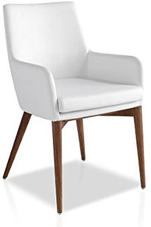 Angel Cerdá - Chaise de Salle à Manger Rembourrée en Similicuir Blanc avec Accoudoirs - Chaise de Design Moderne avec Dossier Haut et Pieds en Bois de Noyer - 57 x 64 x 88 cm
