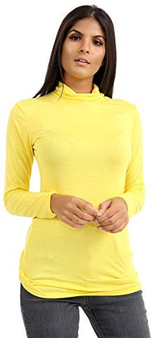 janisramone Womens Ladies Long Sleeve Turtle Polo Neck T-Shirt Slim Fit Jersey Casual Basic Plain Tee Vest Top Yellow