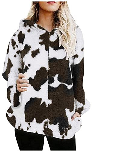 Kanpola Plüschjacke Damen mit Kapuze Warm Winterjacke Niedlich Kühe Drucken Jacken Teddy Wolljacke Herbst Winter Langarm Pullover Reißverschluss Mantel Outwear mit Tasche