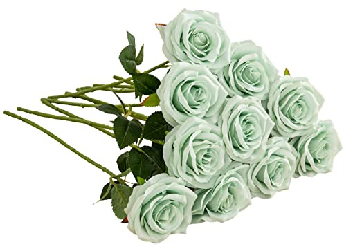 IUKnot Künstliche Rosen, offener Blumenstrauß, salbeigrün, künstliche Rosenstiele für Hochzeitsarrangement, Brautstrauß, Tafelaufsatz, künstliche Seidenblumen, 10 Stück