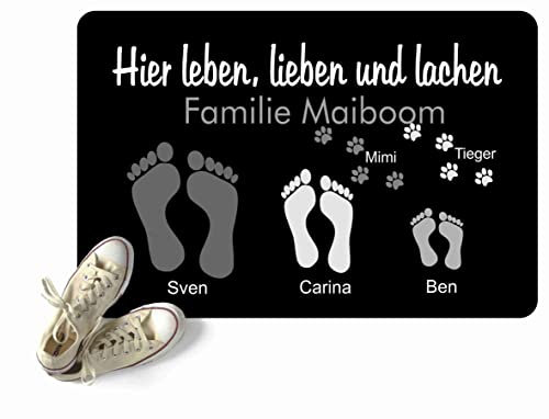Verlag HE Fußmatte Füße Pfoten mit Vor- & Familie Namen schwarz Hier Leben, lieben und lachen Geschenk Hund Katze Umzug personalisiert Fußabdruck individuell