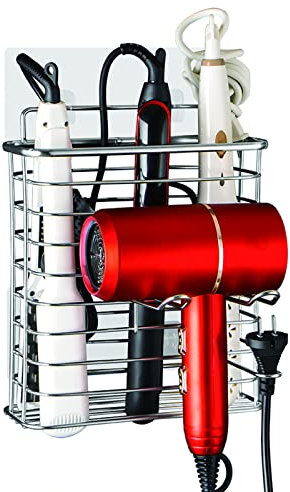 Support pour sèche-cheveux sans perçage - Rangement pratique en acier inoxydable 304 pour sèche-cheveux ou lisseur sur une coiffeuse ou une étagère - Argenté