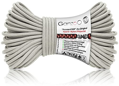 Ganzoo Paracord 550 Seil grau, 4mm, Typ 3, Nylon Polyester, Hybrid, Armband, Hunde-Leine, Hunde-Halsband knüpfen, ca. 250kg Bruchlast, Outdoor Rope, Camping Schnur, Allzweckseil, 30 Meter