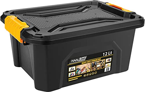 Tool Lab Heavy Duty Polypropylene Storage Box with Clip on Lid. Ideal for storing items in garages and lofts. (12 Litre : 385 x 295 x 175mm)