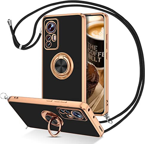 DUEDUE für Xiaomi 12 Hülle mit Band, Handykette Xiaomi 12X Handyhülle mit Band 360 Grad Ring Stoßfeste Schutzhülle Soft Silikon TPU für Hülle Xiaomi 12 / Xiaomi 12X Hülle Mit Ring Schwarz