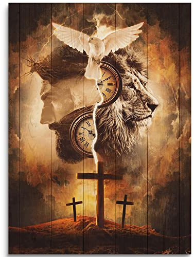 Christliches Jesus-Kreuz, Leinwandbild, Bauernhausgemälde, Tiger und Jesus-Lamm, Taube, rustikal, religiöse Drucke, gerahmtes Kunstwerk, Heimdekoration für Schlafzimmer, Wohnzimmer, 30 x 40 cm