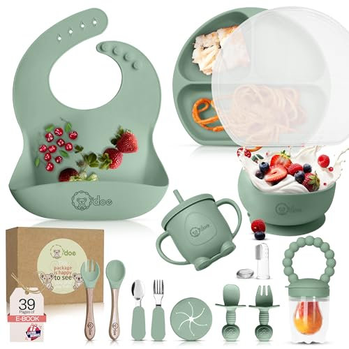 O'doe Vaisselle Bebe | Set Repas Bebe 1er Age 17 Pièces – Coffret Repas Bebe avec Bol Silicone à Ventouse, Cuillères, Tasses, Bavoirs, Assiettes – Set Repas Bébé Complet | Coffrets Repas LED