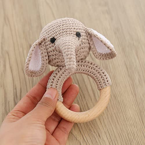 YIEUR Gehäkelte Babyrassel，grau Elefant baby Häkeln Holz Greifling, Baby Sachen Beißring Geschenk zur Geburt Holzring, Holzspielzeug Handmade Junge und Mädchen (Elefant)