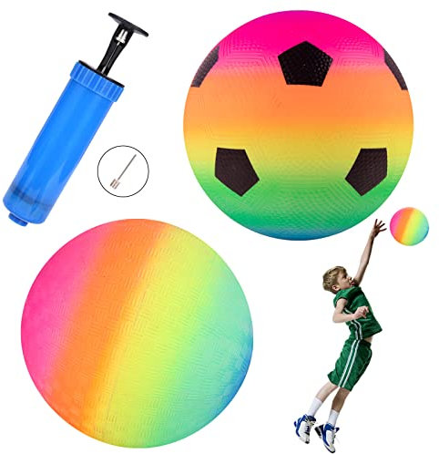 Bouncy Kickball, Regenbogen Strand Ball, 2 Stück PVC Regenbogen Ball Trainingsball mit Pumpe Wasserball Strandball Kinder Spielball Wasserball Bouncy Balls für Backyard Park Beach Drinnen Draußen Fun