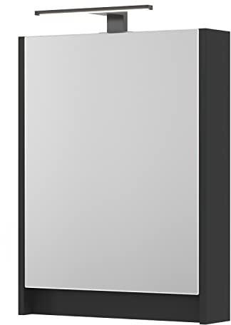 Planetmöbel Spiegelschrank Bad mit Beleuchtung 50 x 65 x 11,4 cm, schwarz matt, Badezimmerschrank mit Spiegel und LED Aufbauleuchte