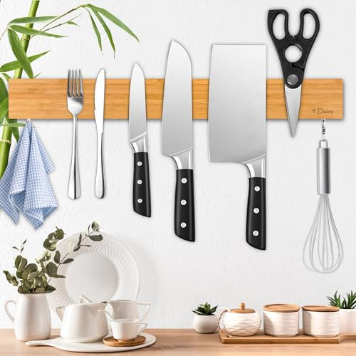 Dmore Magnetic Bamboo Knife Holder with 2 Hooks, 40 cm Magnetic Strip Knife, Extremely Self-Adhesive Magnetic Knife Holder Wood for a Tidy Kitchen