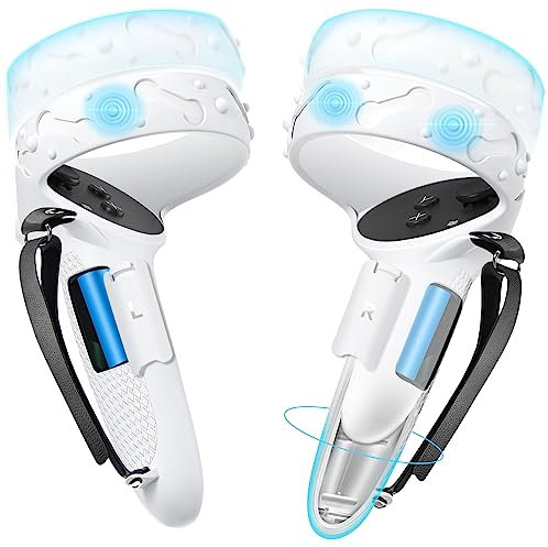 Controller Grips for Oculus Quest 2, Extended Design Upgraded VR Controller Grips Cover for Quest 2 Accessories Protector with Battery Opening and Adjustable Leather Anti-Throw Protect Straps(White)