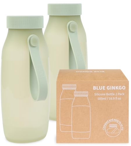 BLUE GINKGO Bottiglie d’Acqua Pieghevoli [Set di 2] – Bottiglie in Silicone Leggere e Compatte per Viaggi, Escursioni e Campeggio (500ml, Made in Korea, Verde)