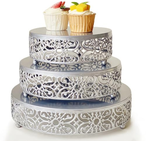 Silver Cake Stand, 3Pcs Round Metal Cake Stand Set, Dessert Cupcake Pastry Candy Display Plate 8 10 12 for Wedding, Event, Birthday Party (Silver Cake Stands / 3 Pcs)