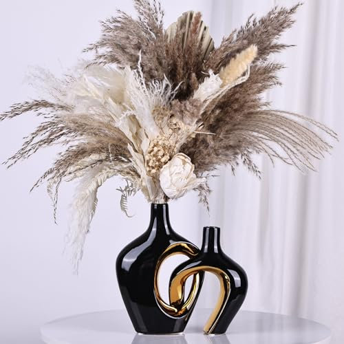 Juego de 2 jarrones de cerámica huecos negros y dorados, jarrones decorativos estéticos de estilo nórdico bohemio moderno para decoración del hogar, bodas, sala de estar, dormitorio,decoración de mesa