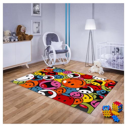 MDEKOR Teppich für Kinderzimmer Bunt Kinderteppich 80 cm x 150 cm Spielteppich Happy Face Baby Smile, Babyteppich für Mädchen und Jungen