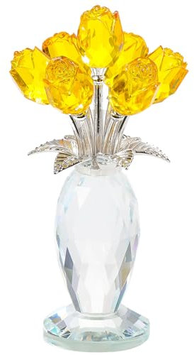 Movdyka Crystal Yellow Rose Flower Figurine with Vase Handmade Romantic Glass Rose for Wife Mom on Birthday Christmas Wedding Home Decorations