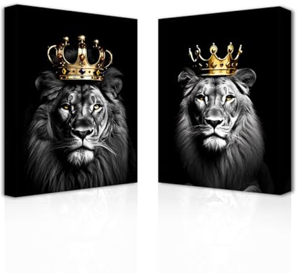 CXHOSTENT Löwen und Löwin Leinwand Wandbilder 2 Stück Löwenkönigpaar mit goldener Krone Kunstdrucke Schwarz Weiß Wildtierbilder (B, 40.00 x 60.00 cms x 2PCS)